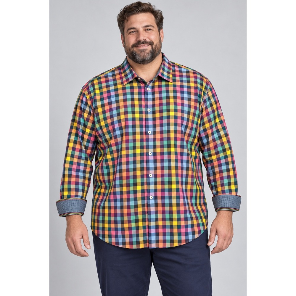 Bugatchi Uomo Mens 3XT Multi Color Rainbow Plaid Long Sleeve Button Down Shirt